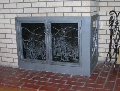 2 SIDED FIREPLACE WITH LONGHORN GLASS DOORS, DAMPERS AND SCREENS